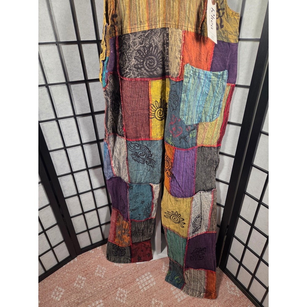 Rhea Patchwork Overalls Womens Boho Corduroy Sun Mushroom Print Multi Color - Picture 7 of 7